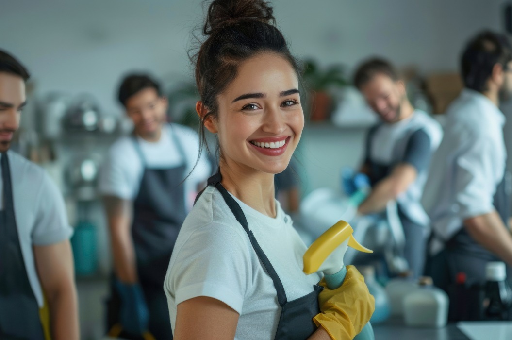 Professionelle Putzfrau und Team, die gemeinsam im Büro oder zu Hause putzen. Junge, aktive Menschen kümmern sich um die Pflege von Räumen, Unternehmen, Waschen, Staubwischen, Wischen.