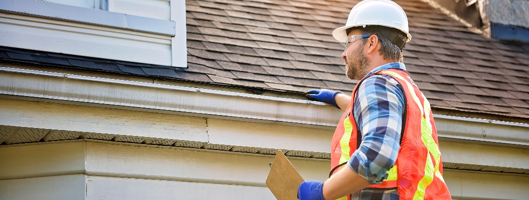 Mann mit Schutzhelm steht auf den Stufen und inspiziert das Hausdach